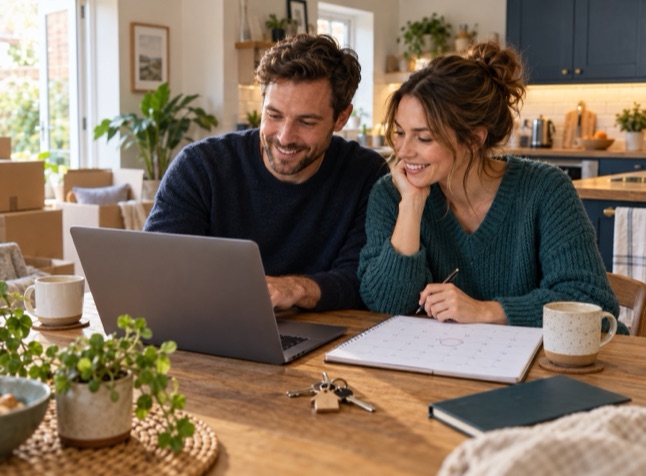 A couple planning their moving date on a laptop