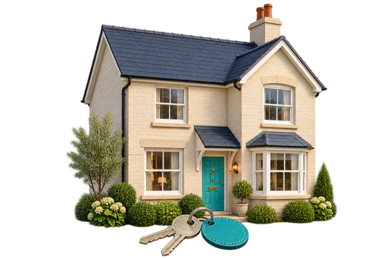 A welcoming home with a turquoise front door and a new set of keys