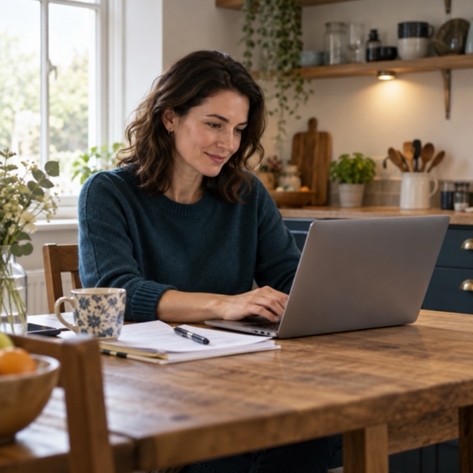 Someone at a kitchen table instructing a solicitor online