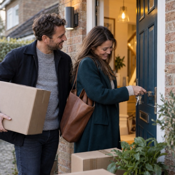 A couple unlocking the front door of their new home